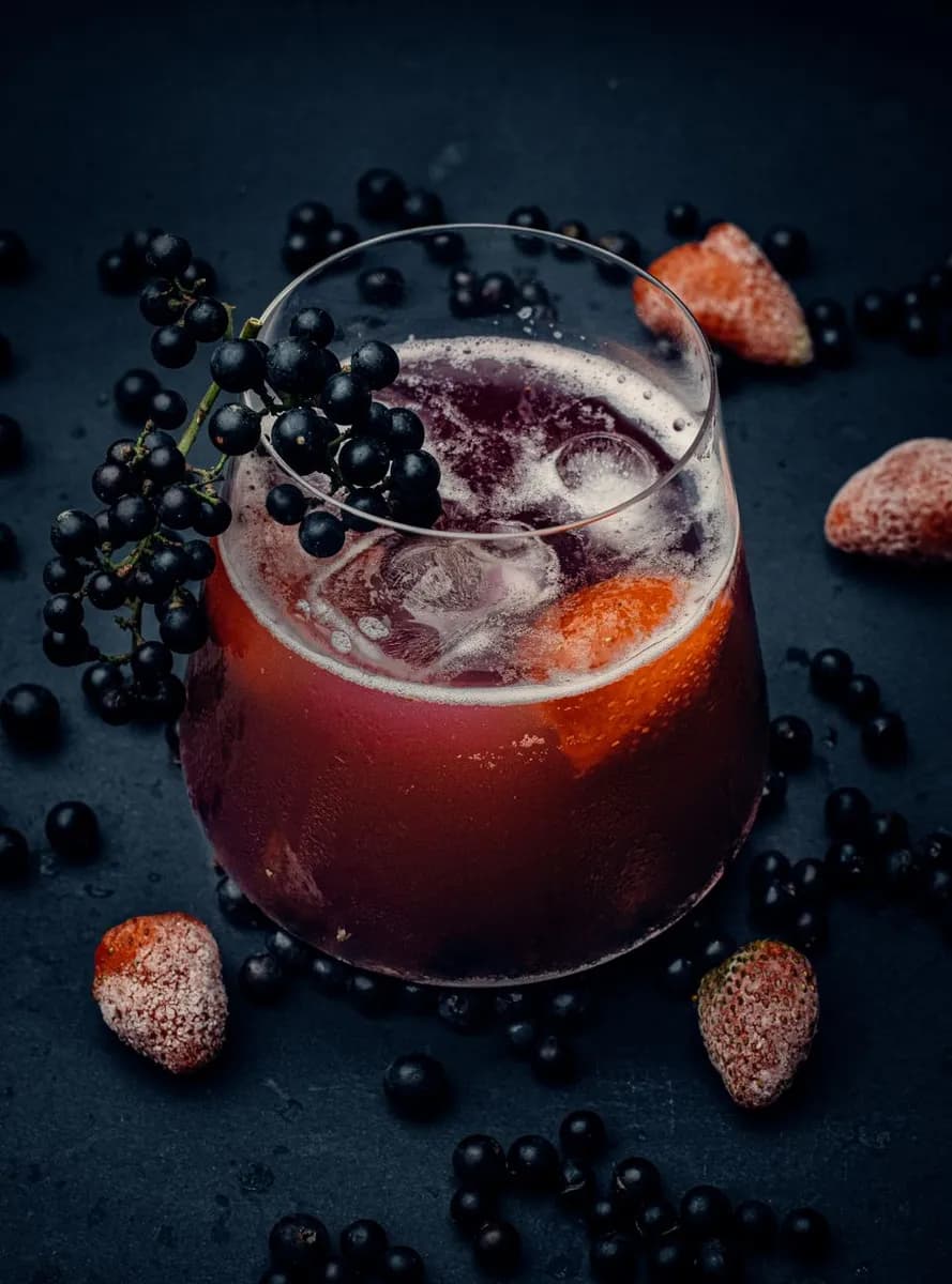 A cool berry mocktail featuring berries, ice cubes, and fruit garnishes, perfect for a refreshing treat.